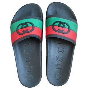 Gucci "Interlocking G" Black Red Green Slide Authenticated Men's Sz 6 GG Logo